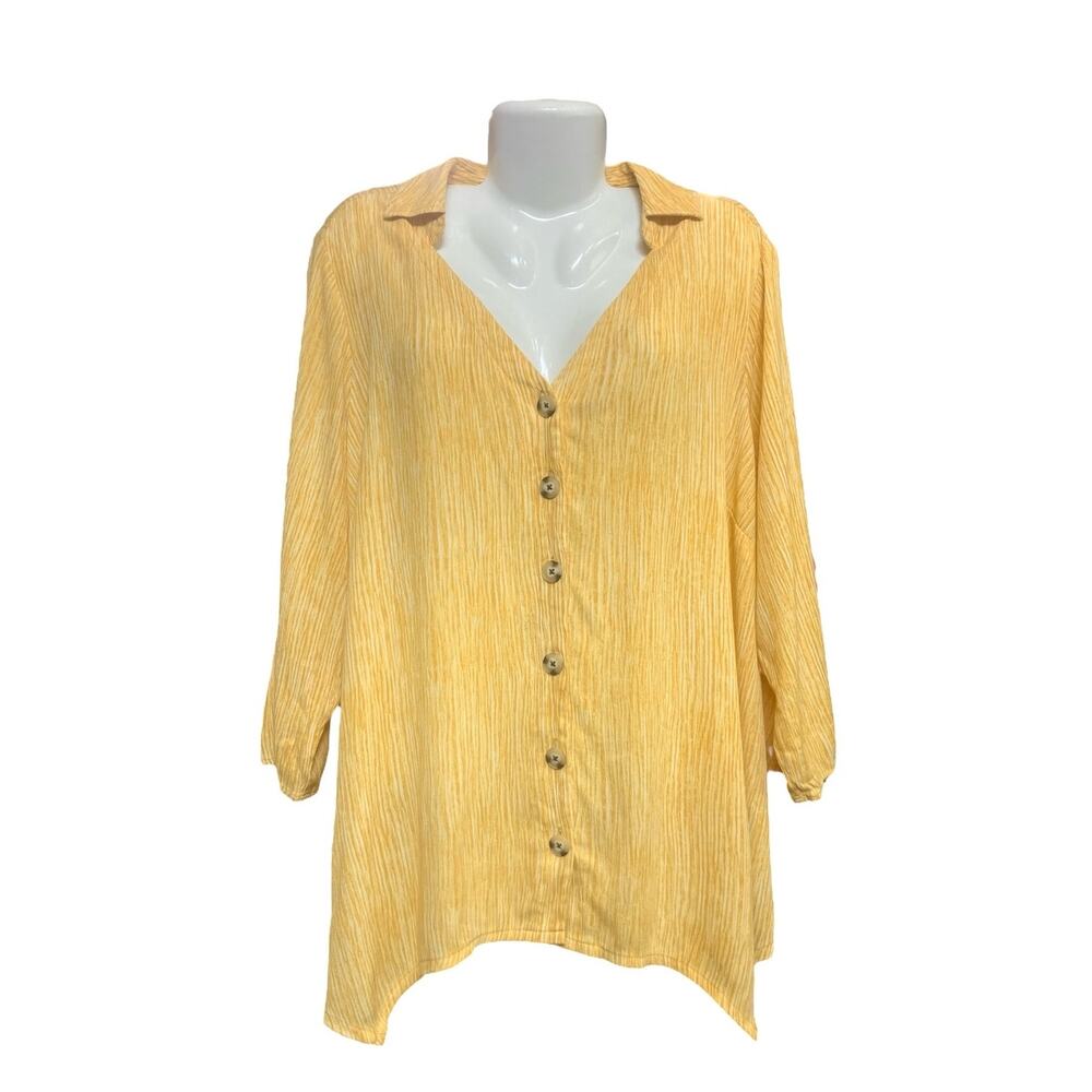 Fred David Women's Yellow V-Neck Roll Tab Sleeve Shark Bite Hem Blouse | Size 1X